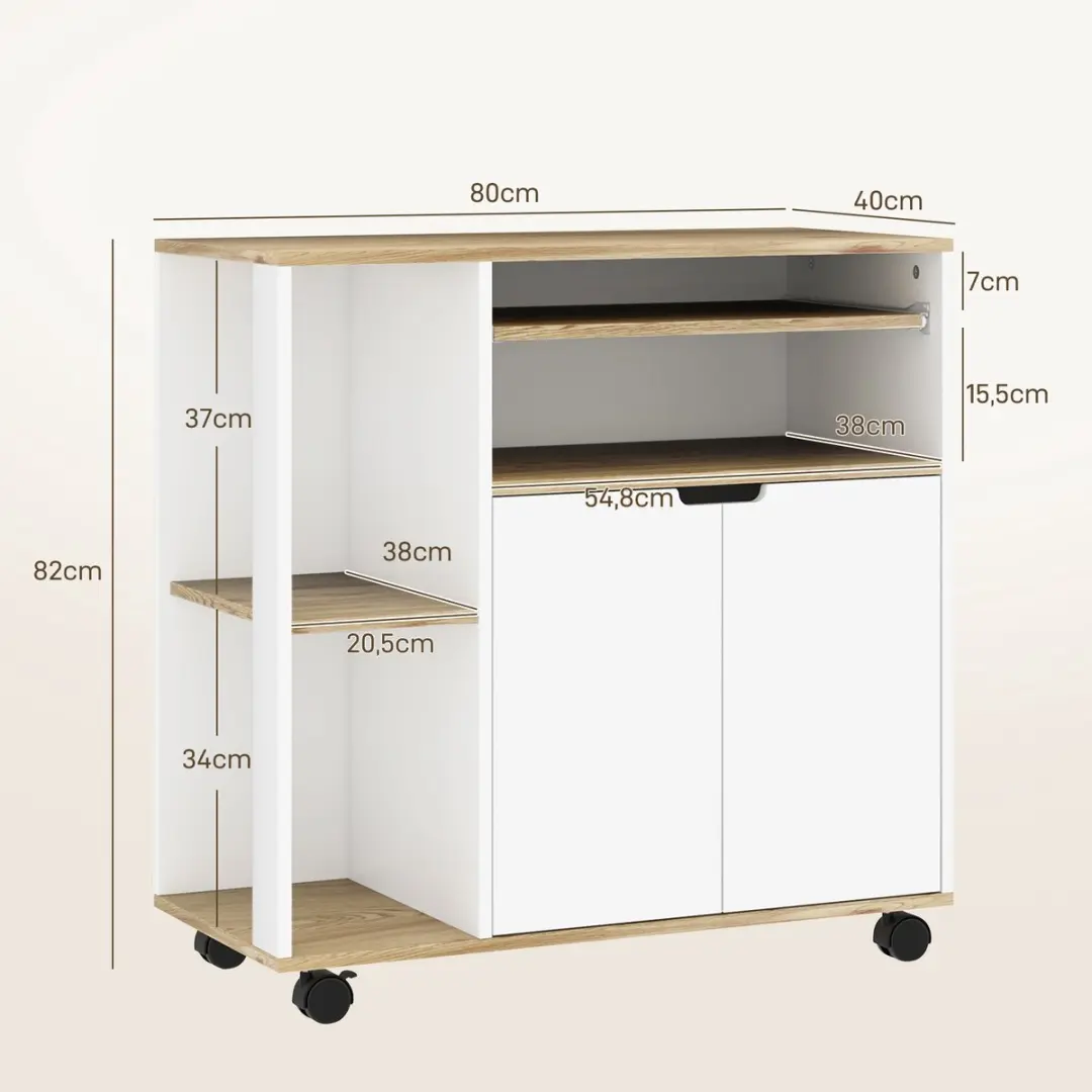 Homcom Keukenwagen Natuurhout/Wit 80L x 40B x 82H cm - afbeelding 6 van 6