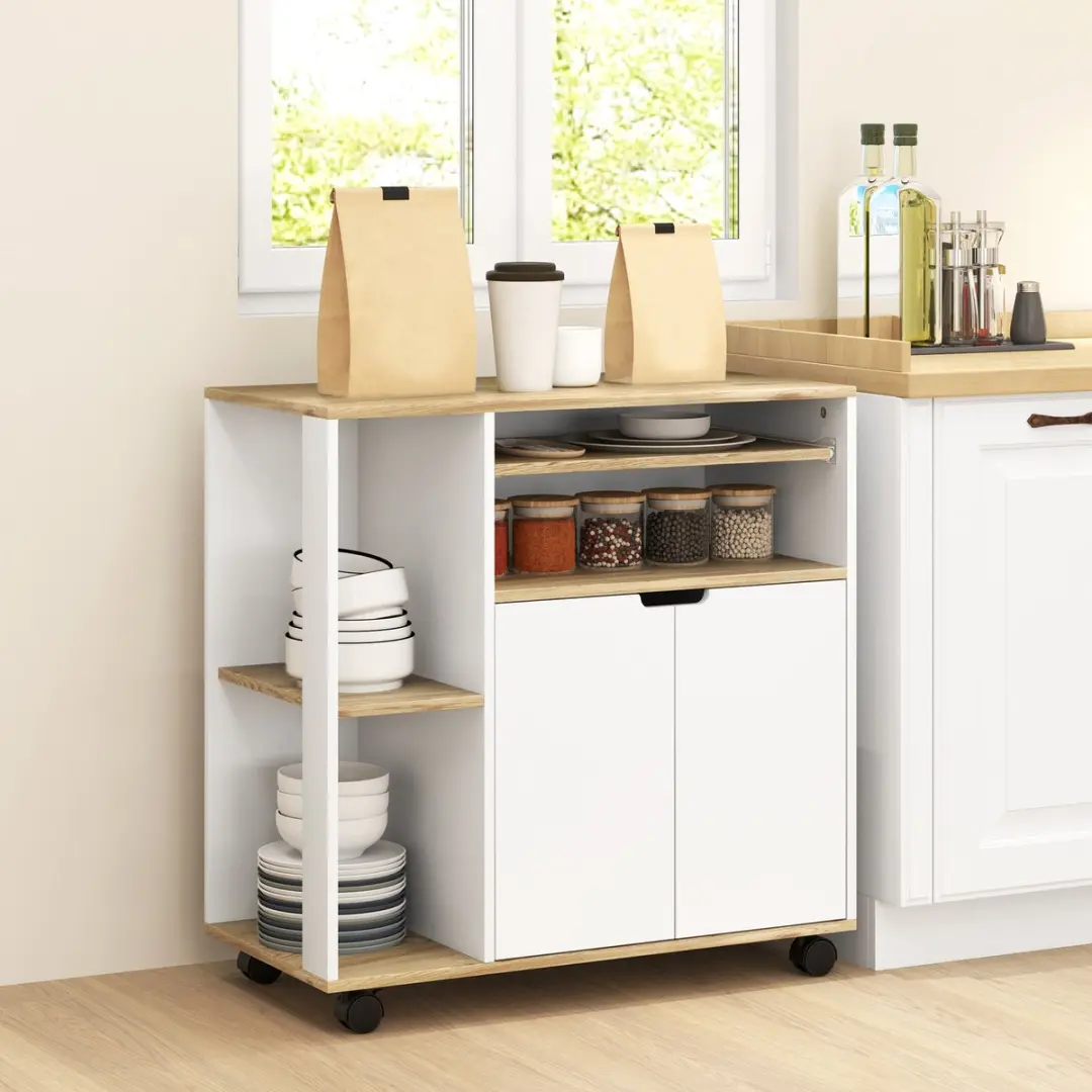 Homcom Keukenwagen Natuurhout/Wit 80L x 40B x 82H cm