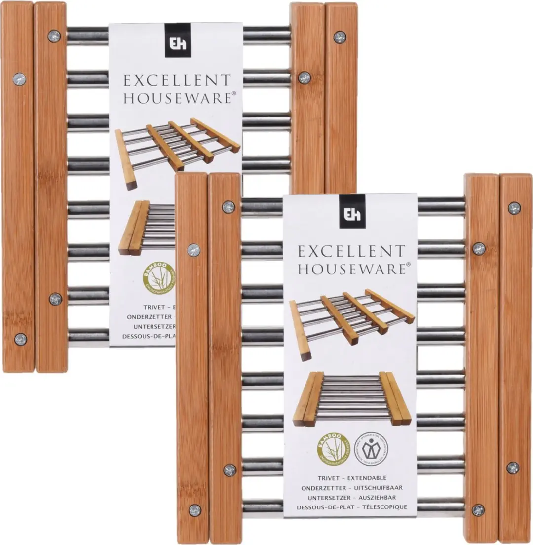 Excellent Houseware Panonderzetter Set 2 Stuks - 21x22cm - Bamboe & RVS