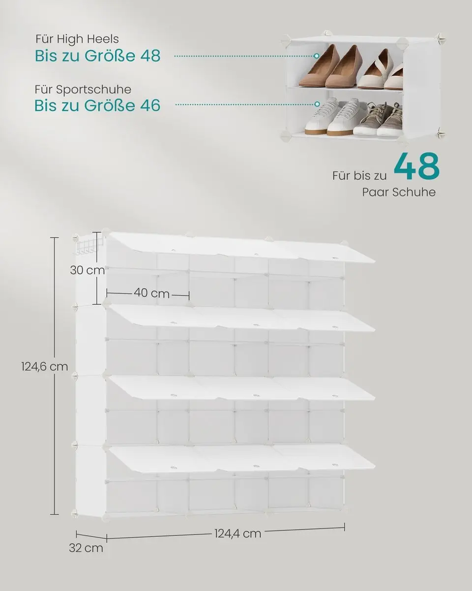 Songmics Schoenenrek 12 Vakken - 32x124x124cm - Wolkwit/Transparant - afbeelding 2 van 6