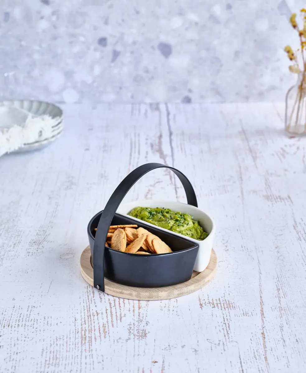 Cosy&Trendy Bamboe Serveerplank met 2 Schalen - 9,5x18,5x6cm - Zwart/Wit