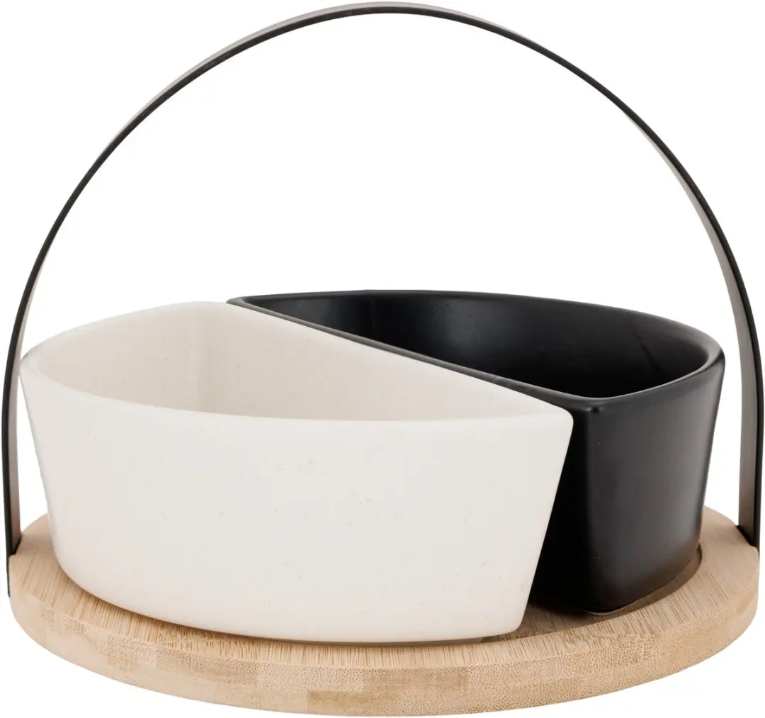Cosy&Trendy Bamboe Serveerplank met 2 Schalen - 9,5x18,5x6cm - Zwart/Wit