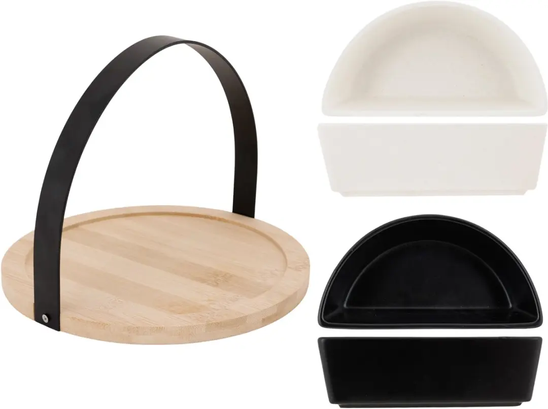 Cosy&Trendy Bamboe Serveerplank met 2 Schalen - 9,5x18,5x6cm - Zwart/Wit