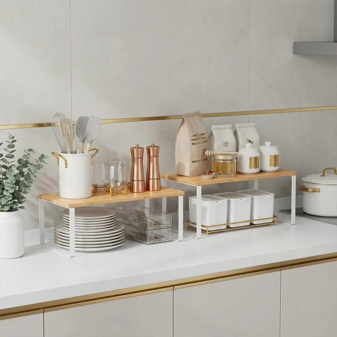 Songmics Kruidenrek Set 2 Stuks - Uitbreidbaar & Stapelbaar - Wolkenwit/Naturel Beige - afbeelding 2 van 6