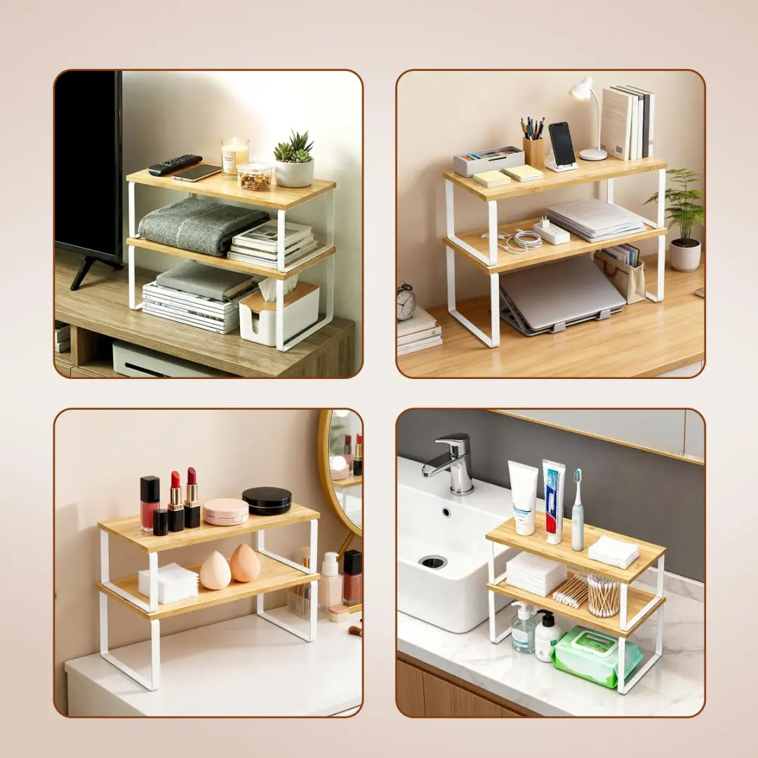 Songmics Kruidenrek Set 2 Stuks - Uitbreidbaar & Stapelbaar - Wolkenwit/Naturel Beige - afbeelding 5 van 6
