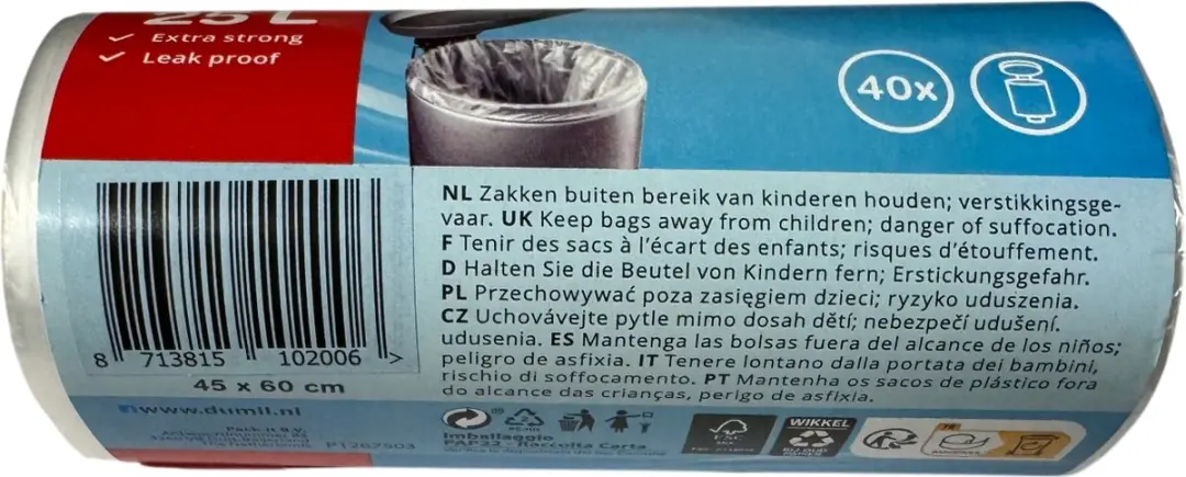 Dumil Afvalzakken 25L - 40 Stuks - Transparant