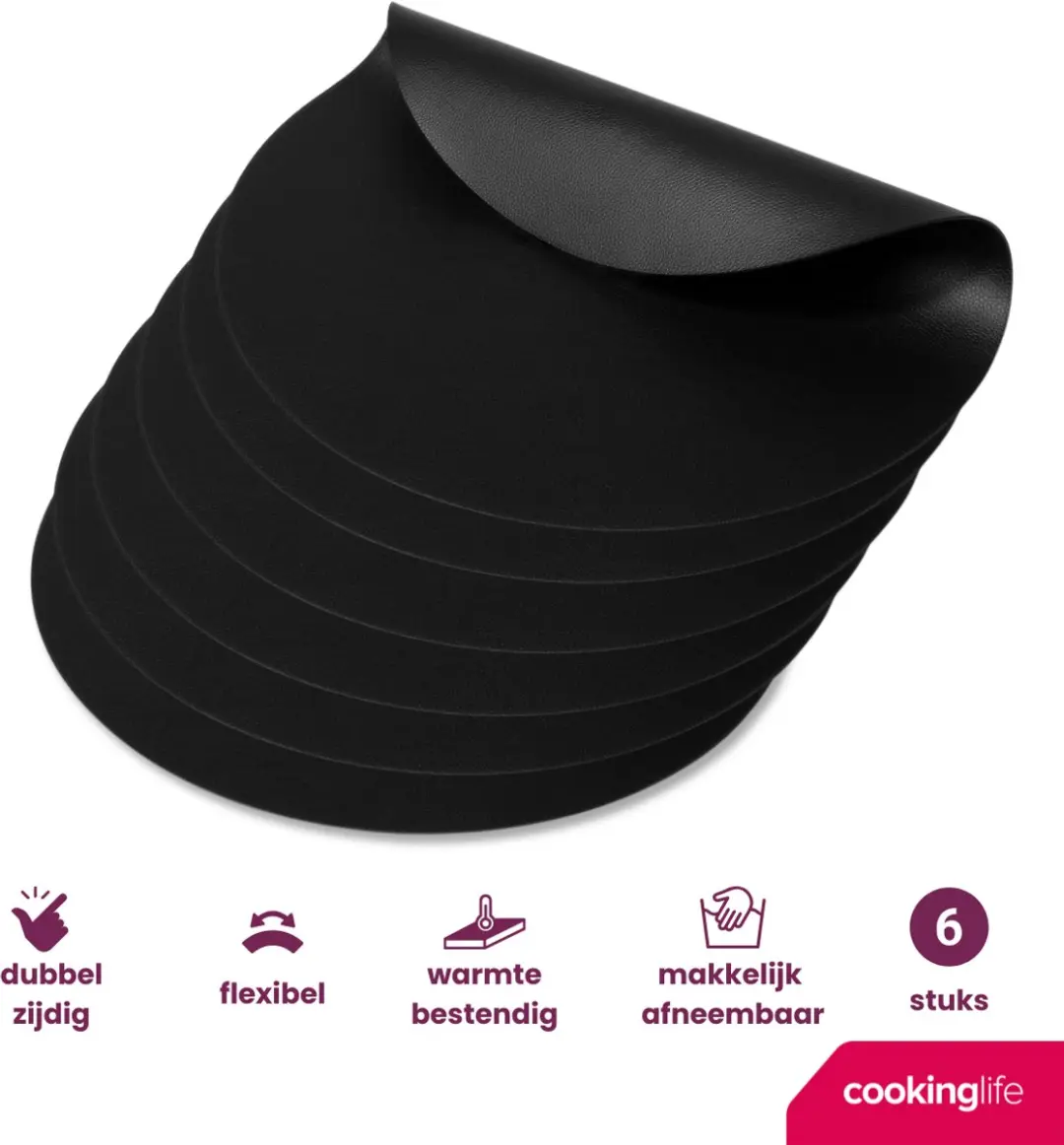 Cookinglife Placemats & Onderzetters Set - 12 Stuks - Vegan Lederlook Zwart
