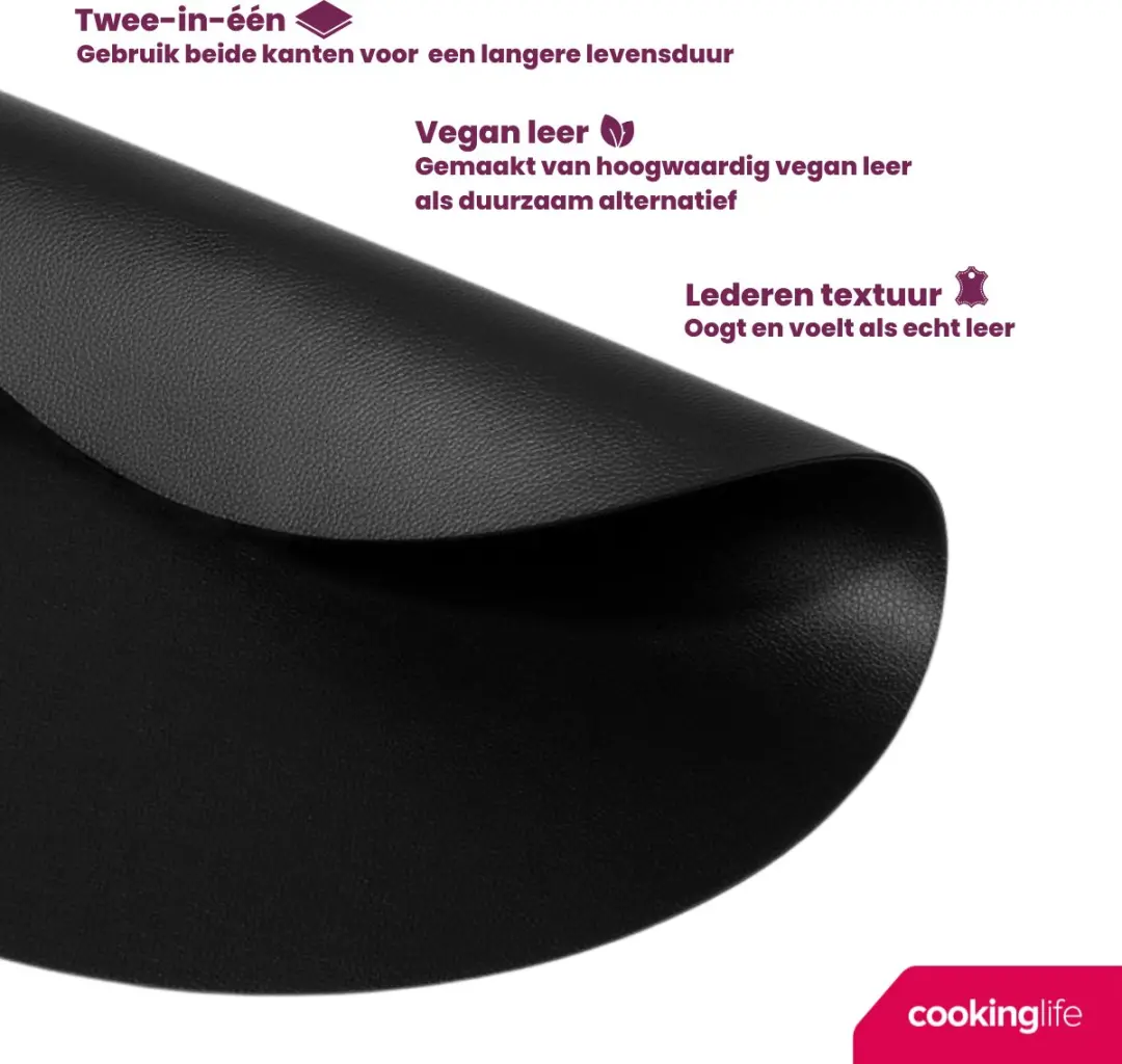 Cookinglife Placemats & Onderzetters Set - 12 Stuks - Vegan Lederlook Zwart