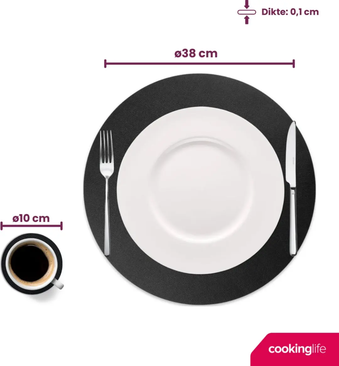 Cookinglife Placemats & Onderzetters Set - 12 Stuks - Vegan Lederlook Zwart