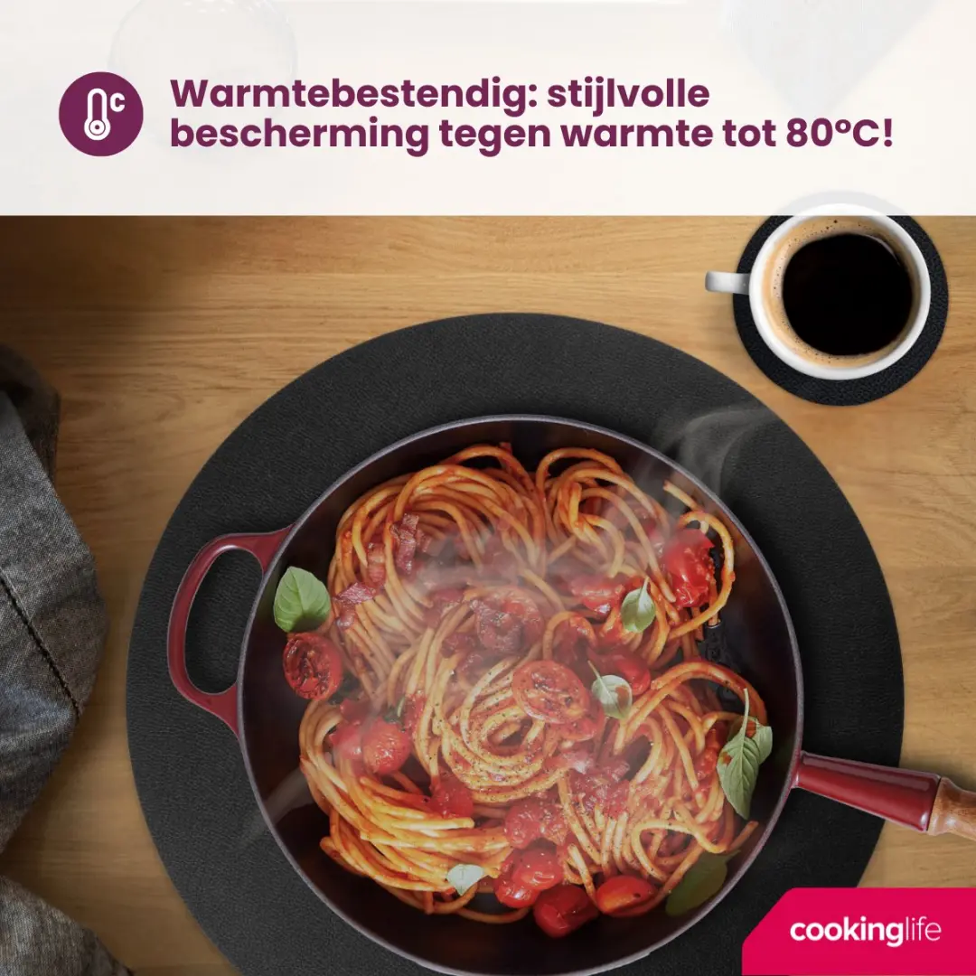 Cookinglife Placemats & Onderzetters Set - 12 Stuks - Vegan Lederlook Zwart