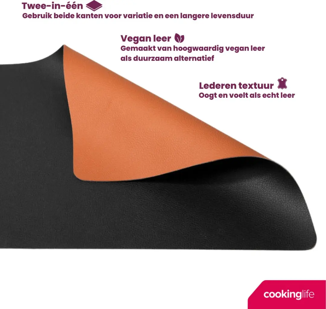 Cookinglife Placemats & Onderzetters Set - 12 Stuks - Vegan Lederlook - Zwart/Cognac