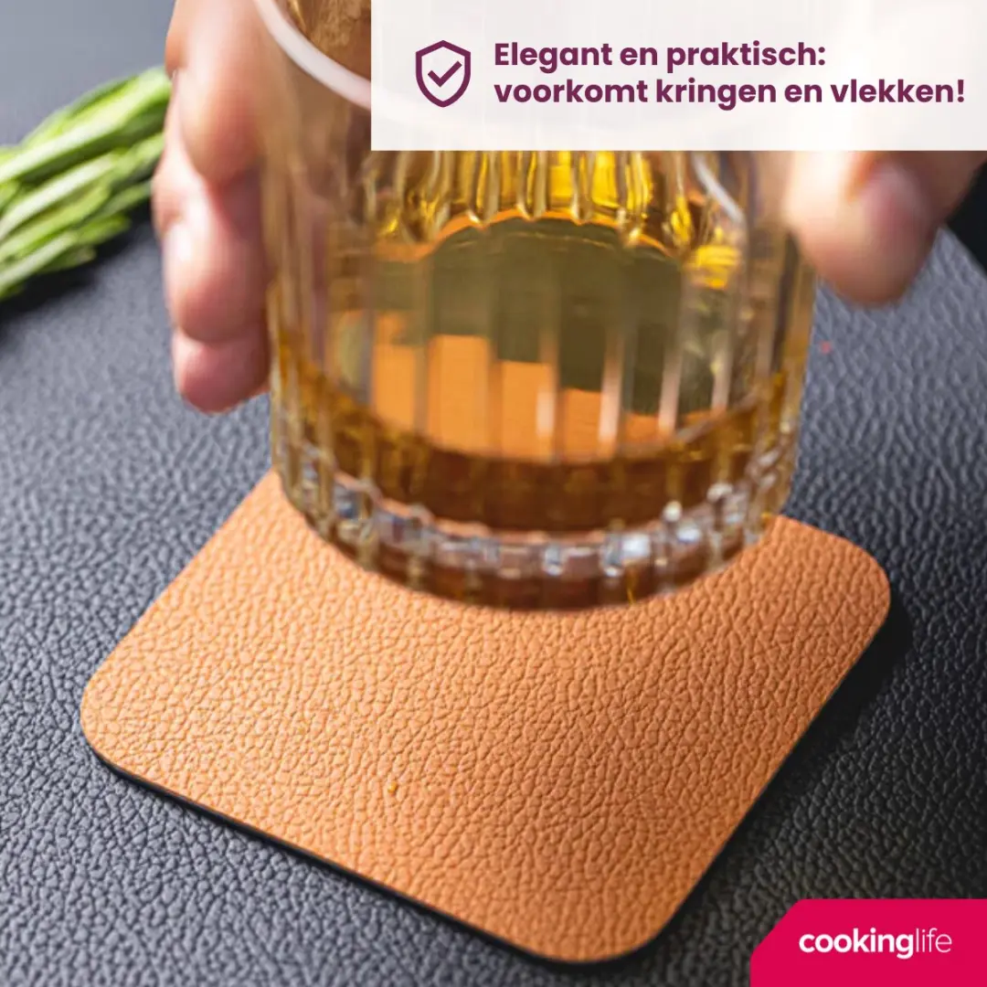 Cookinglife Placemats & Onderzetters Set - 12 Stuks - Vegan Lederlook - Zwart/Cognac
