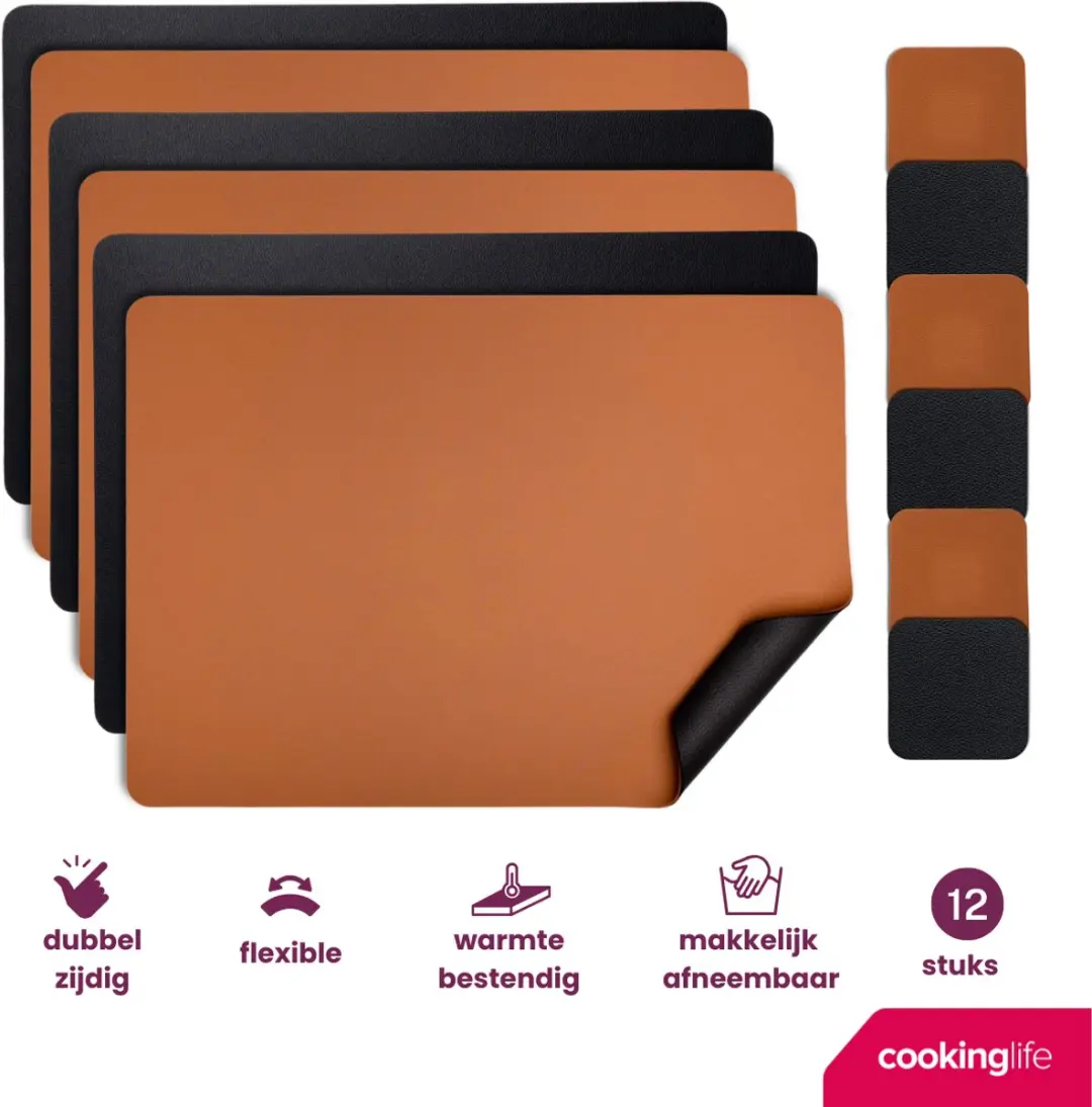 Cookinglife Placemats & Onderzetters Set - 12 Stuks - Vegan Lederlook - Zwart/Cognac