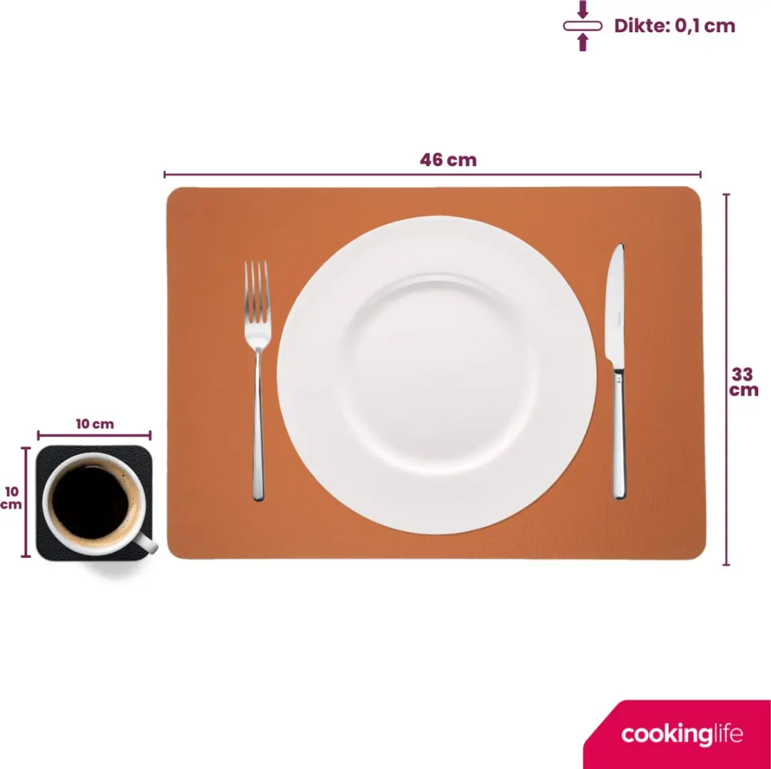 Cookinglife Placemats & Onderzetters Set - 12 Stuks - Vegan Lederlook - Zwart/Cognac
