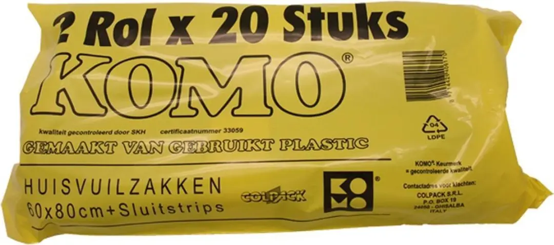 KOMO Vuilniszakken 60L - 20 Rollen (400 Stuks) - Zwart