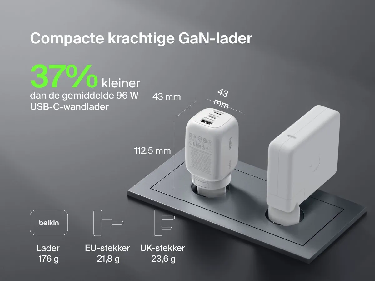 Belkin WCH016hqWH GaN Wandlader 100W - 3 Poorten - Wit