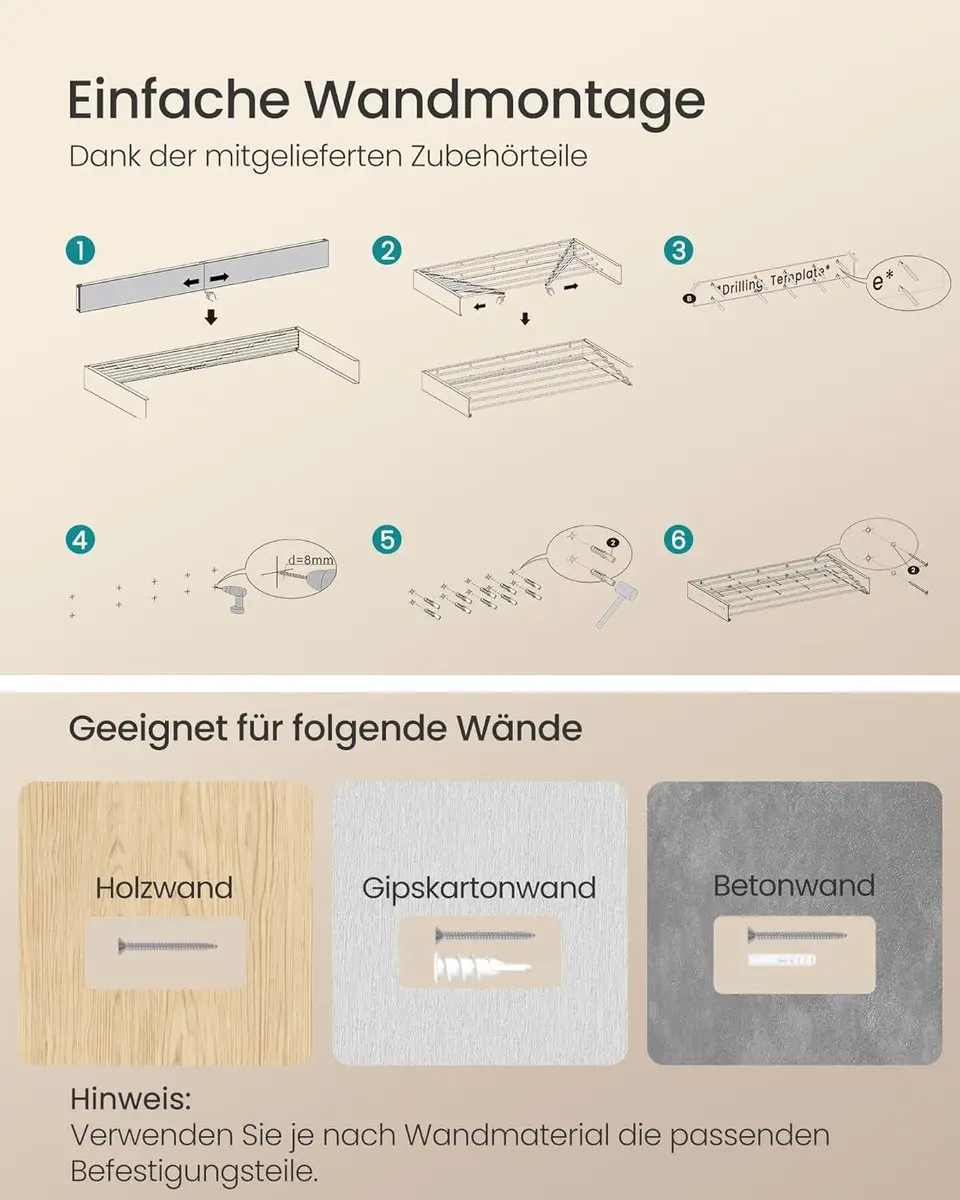 Songmics Wandwasdroger 100cm - 6 Stangen - Mat Wit - afbeelding 6 van 6