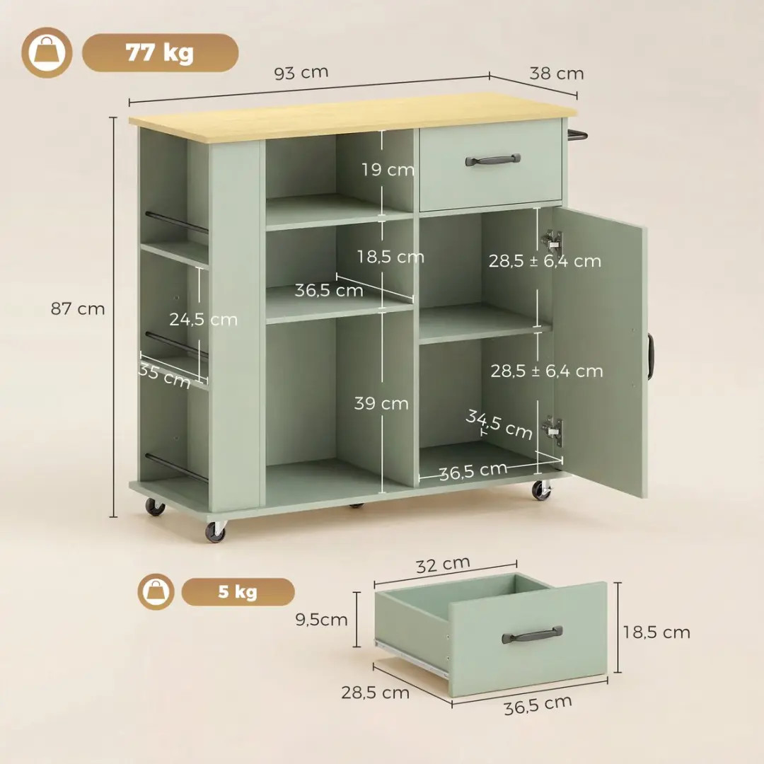 Homcom Keukenwagen Lichtgroen 96,5x38x87cm