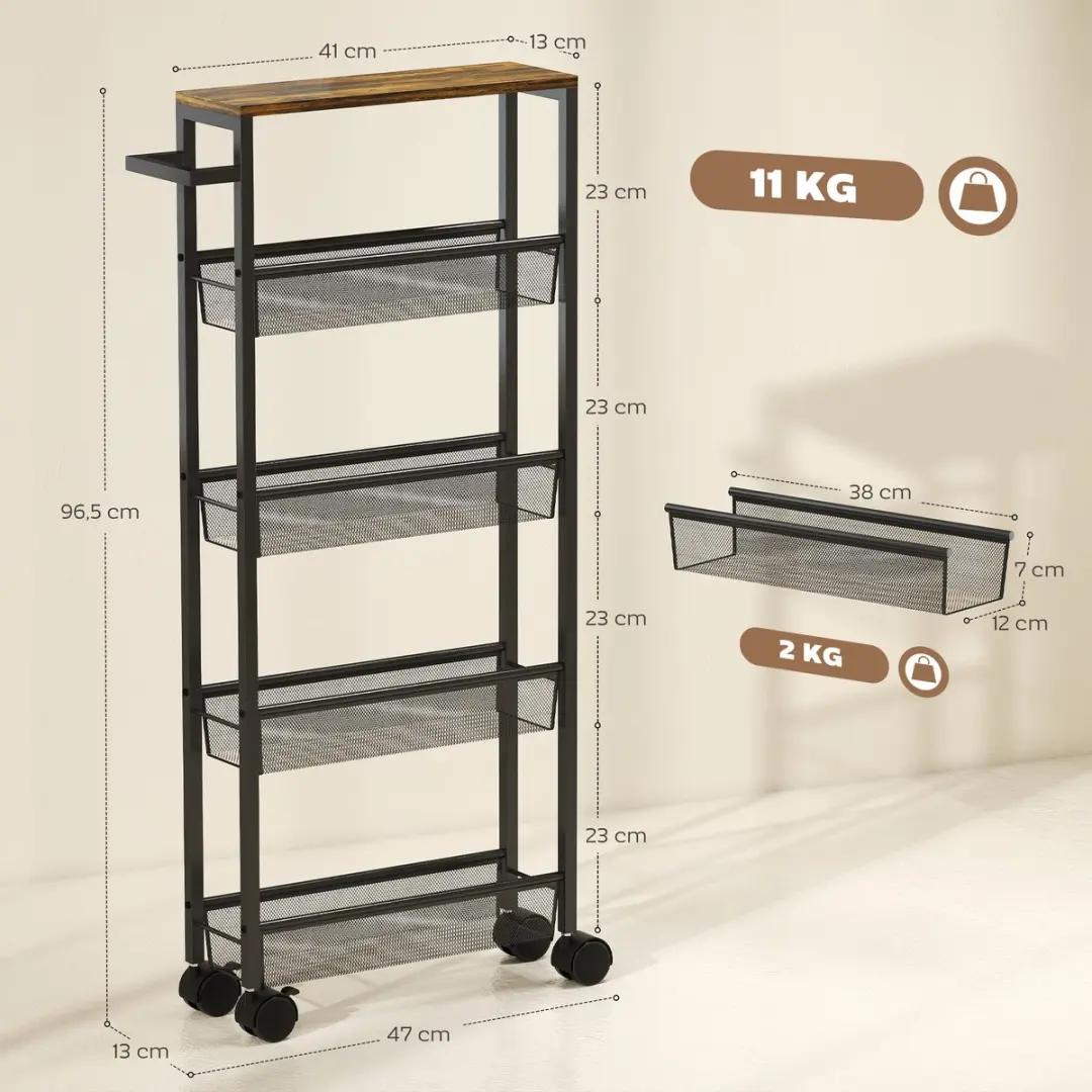 Homcom Kitchen Cart Metaal 801-428V00BK - 47x13x96,5cm Zwart - afbeelding 6 van 6