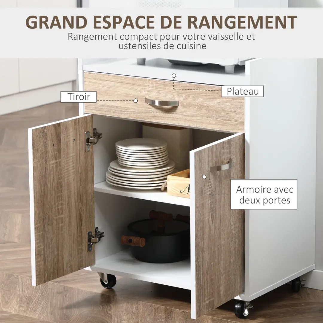 Homcom Keukenwagen 60x40x77cm - Eiken/Wit