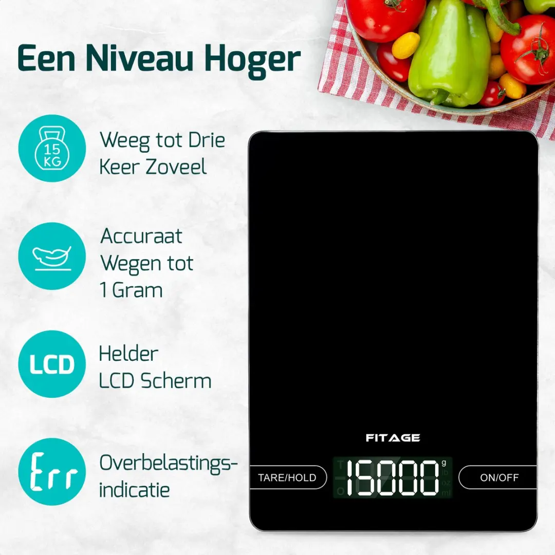 FITAGE Digitale Keukenweegschaal 15kg - Zwart