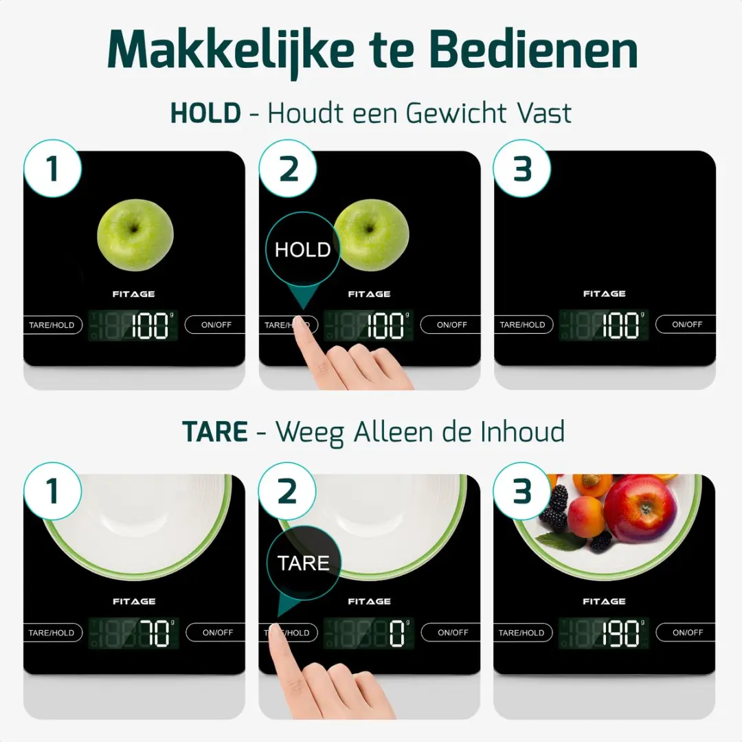 FITAGE Digitale Keukenweegschaal 15kg - Zwart