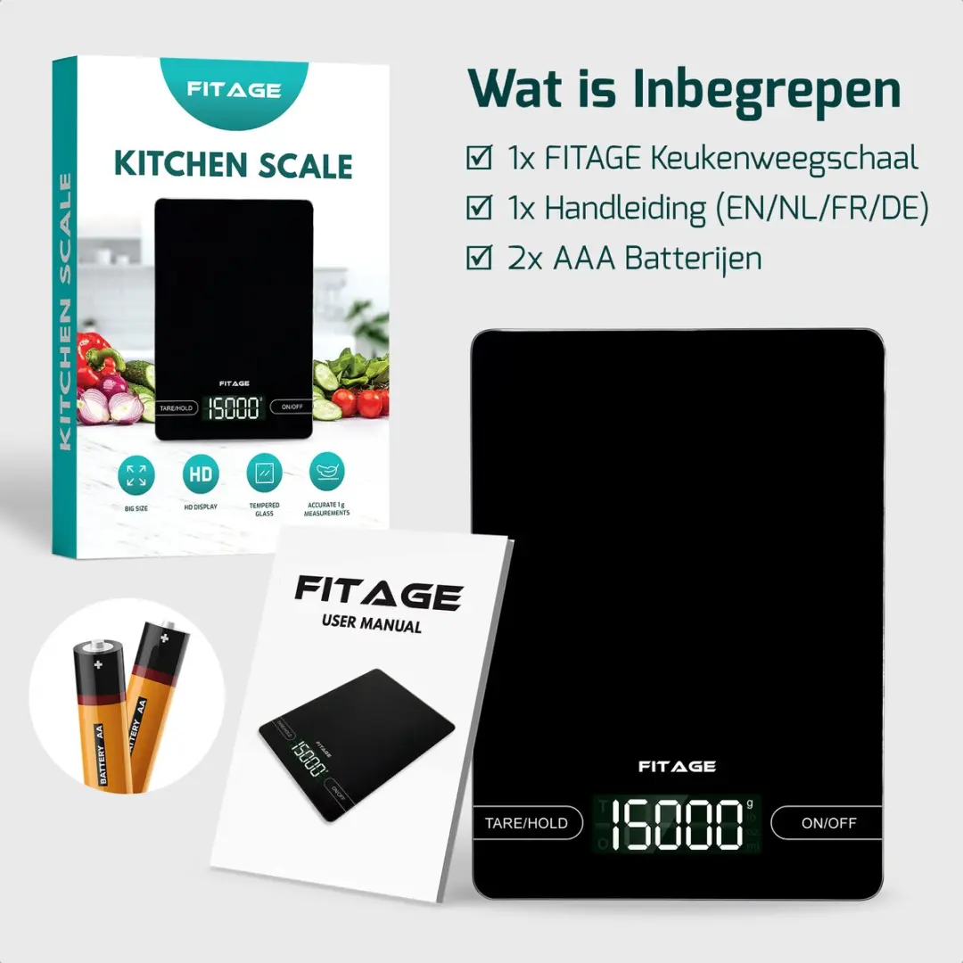 FITAGE Digitale Keukenweegschaal 15kg - Zwart