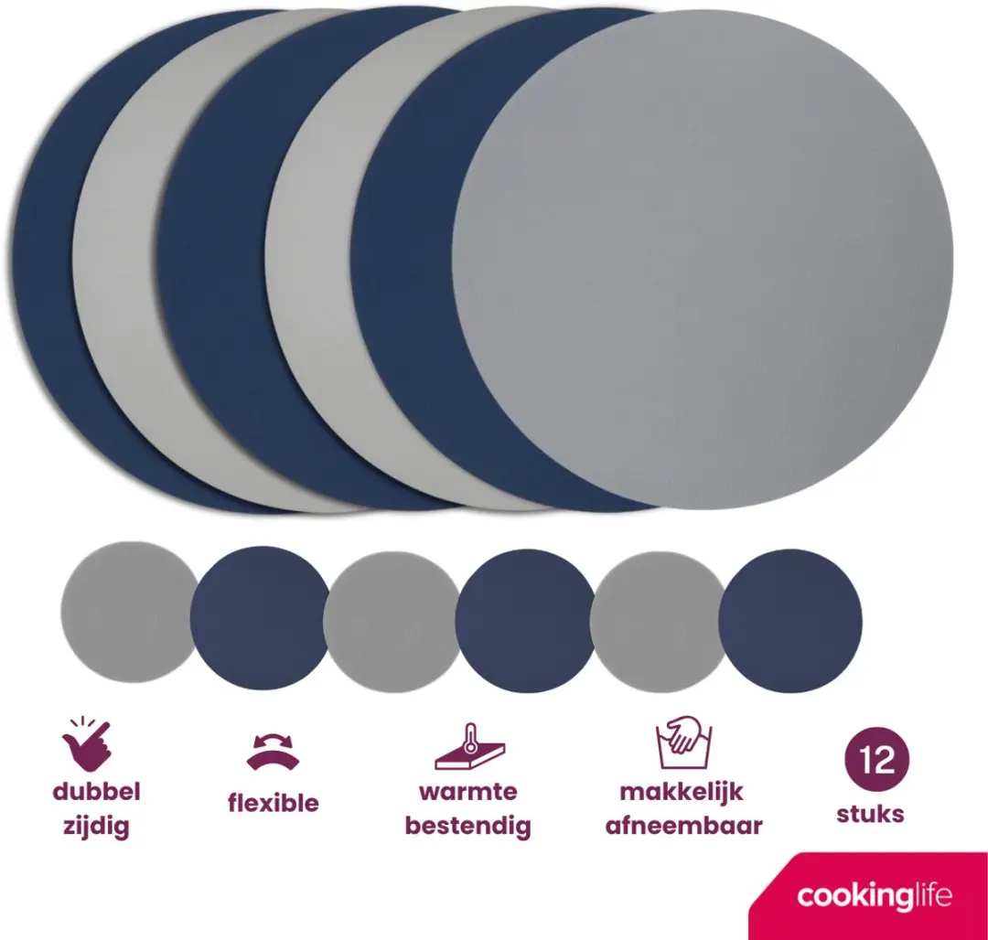 Cookinglife Placemats & Onderzetters Set - 12 Stuks - Vegan Lederlook - Grijs/Blauw