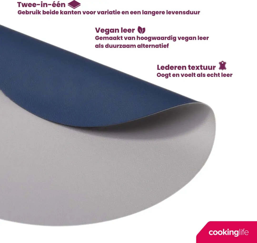 Cookinglife Placemats & Onderzetters Set - 12 Stuks - Vegan Lederlook - Grijs/Blauw