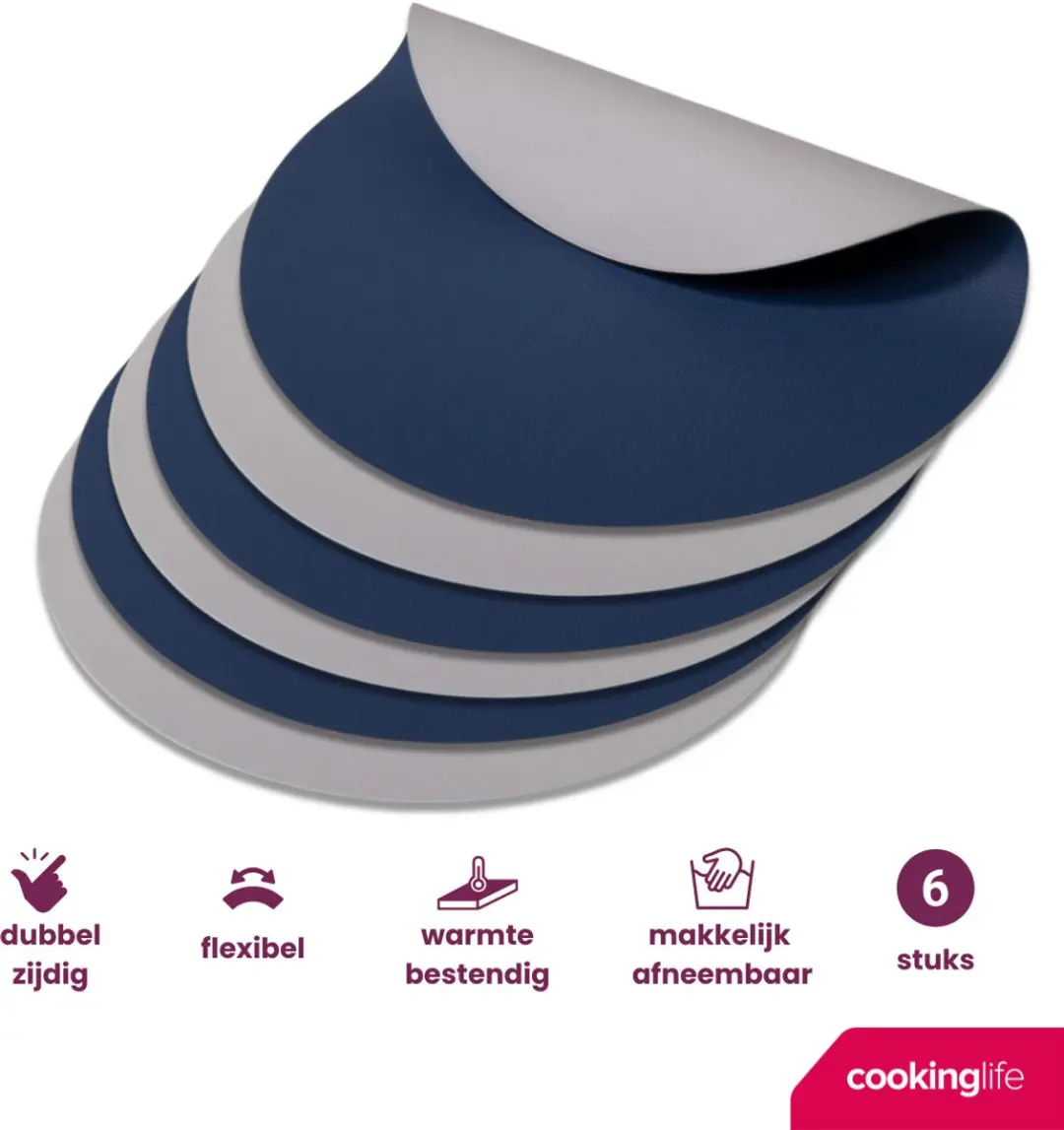 Cookinglife Placemats & Onderzetters Set - 12 Stuks - Vegan Lederlook - Grijs/Blauw