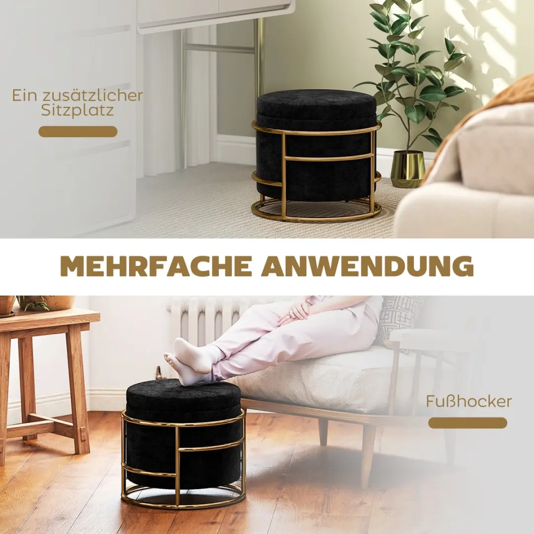 Homcom Opbergpoef - 42x42x39cm - 24L - Zwart - afbeelding 4 van 6