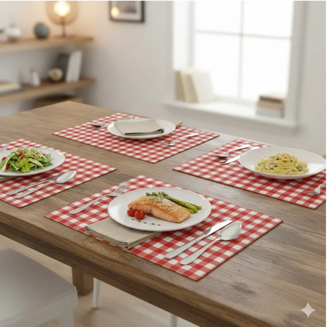 Bellatio Design Tafel Placemats Bistro Rood/Wit Geblokt - 4 Stuks 43x28cm