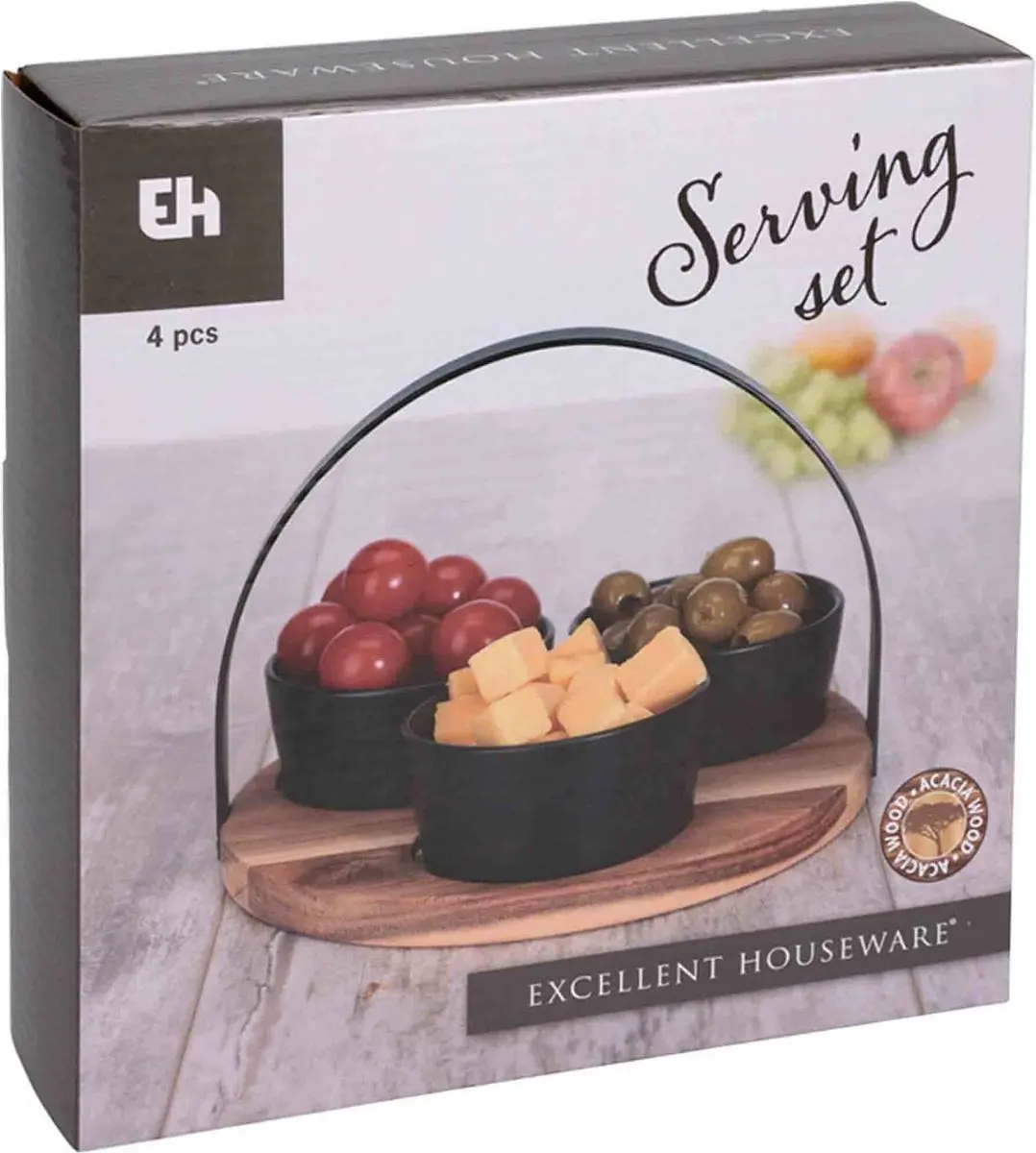 Excellent Houseware Ronde Serveerplank met 3 Schaaltjes - 22cm - 8 Stuks