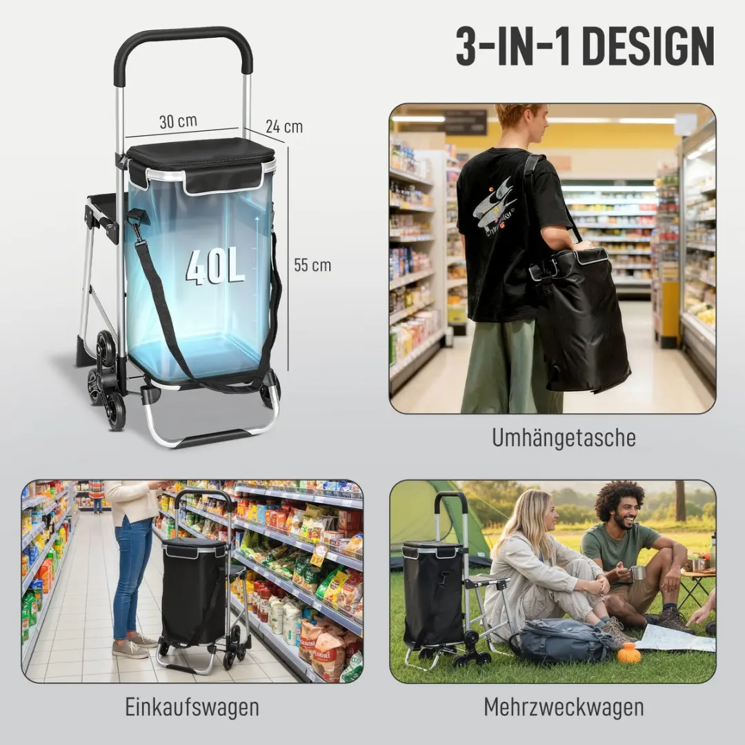 Homcom Winkelwagen 3-in-1 - 46L Zwart