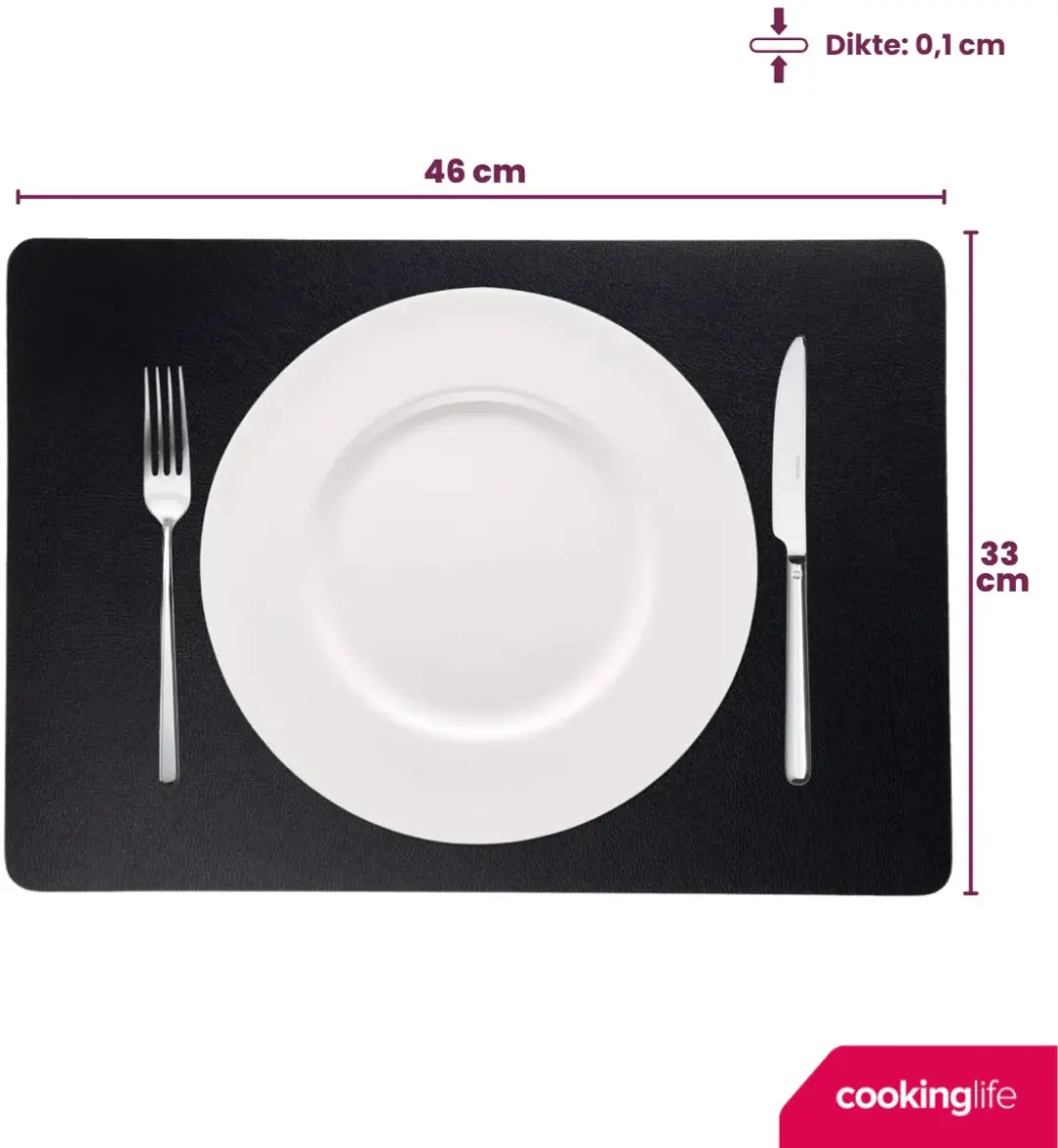 Cookinglife Vegan Lederlook Placemats - 6 Stuks 46x33cm - Zwart/Cognac