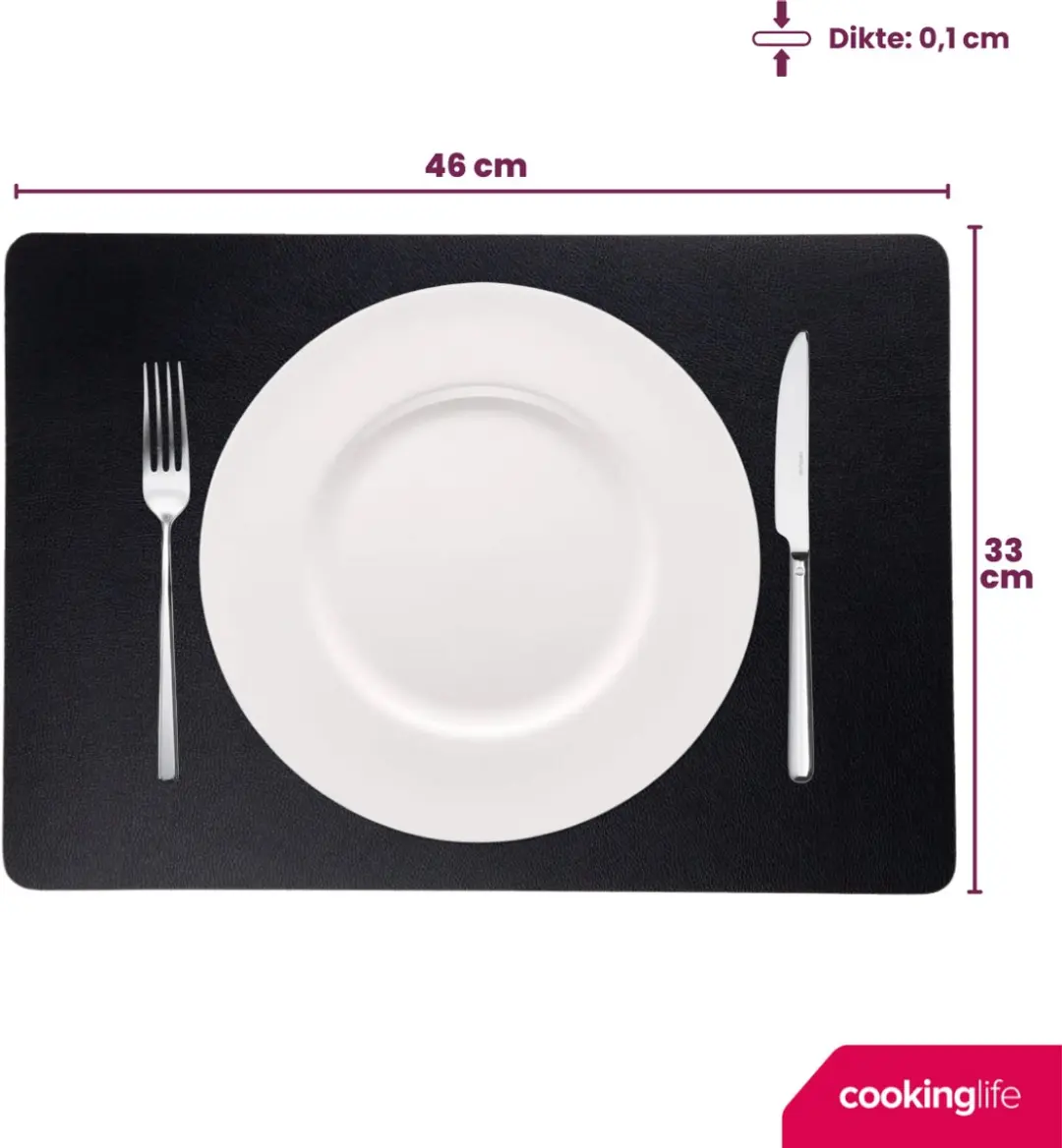Cookinglife Vegan Lederlook Placemats - 6 Stuks 46x33cm - Zwart/Cognac