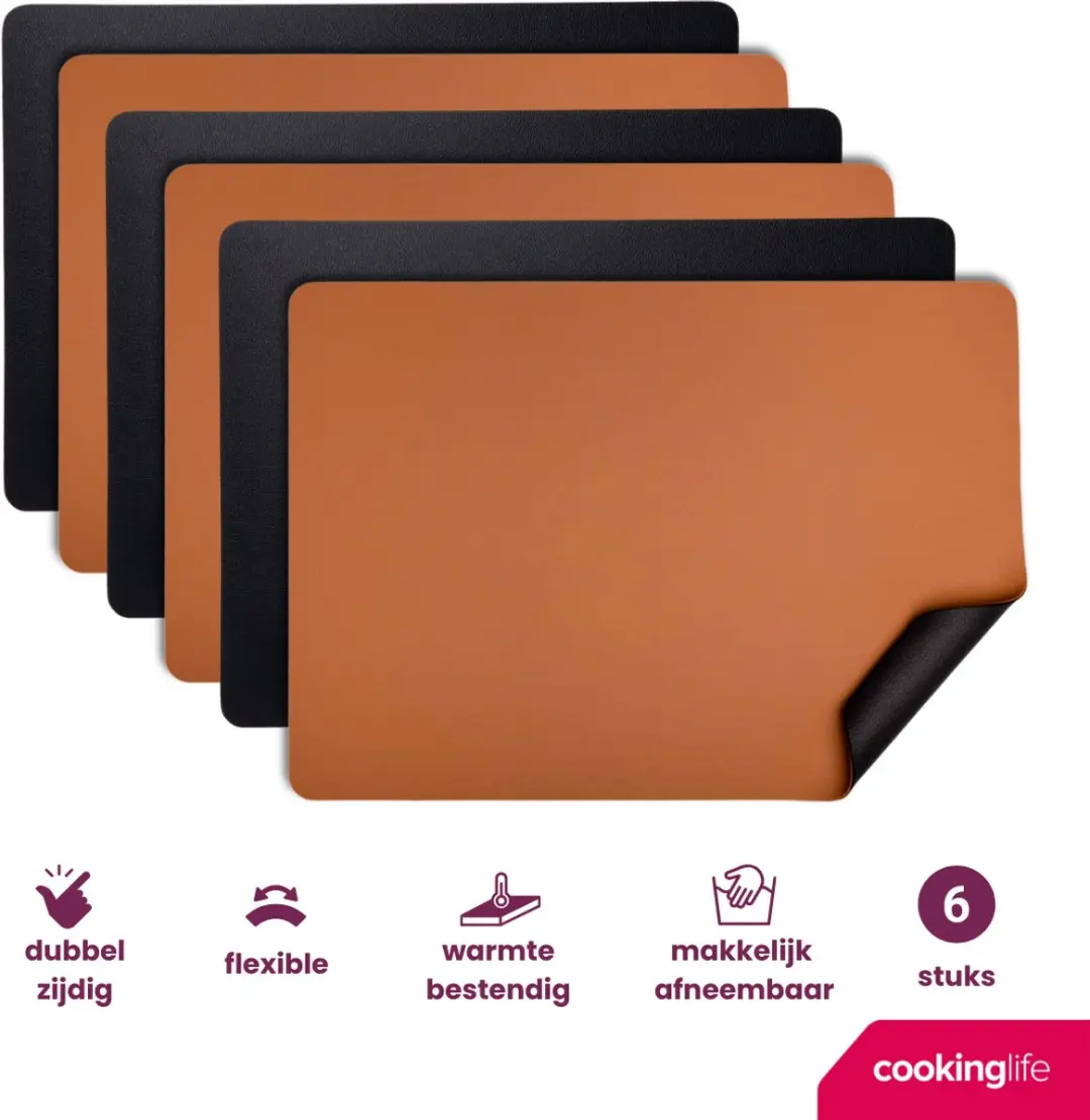 Cookinglife Vegan Lederlook Placemats - 6 Stuks 46x33cm - Zwart/Cognac