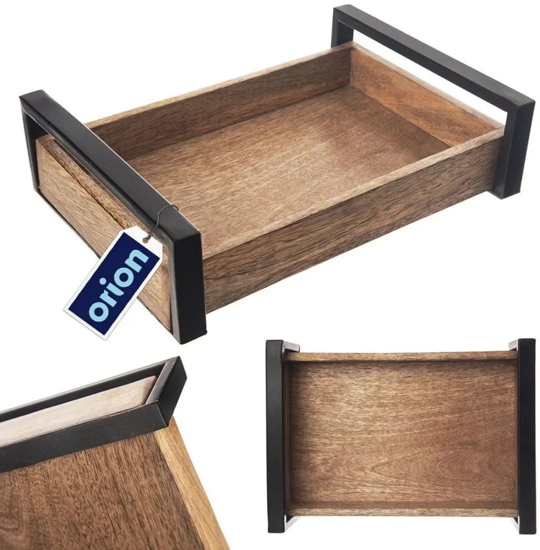 Orion Mangohouten Serveerblad 30,5x22cm - Metalen Handgrepen - Natuurlijk/Zwart