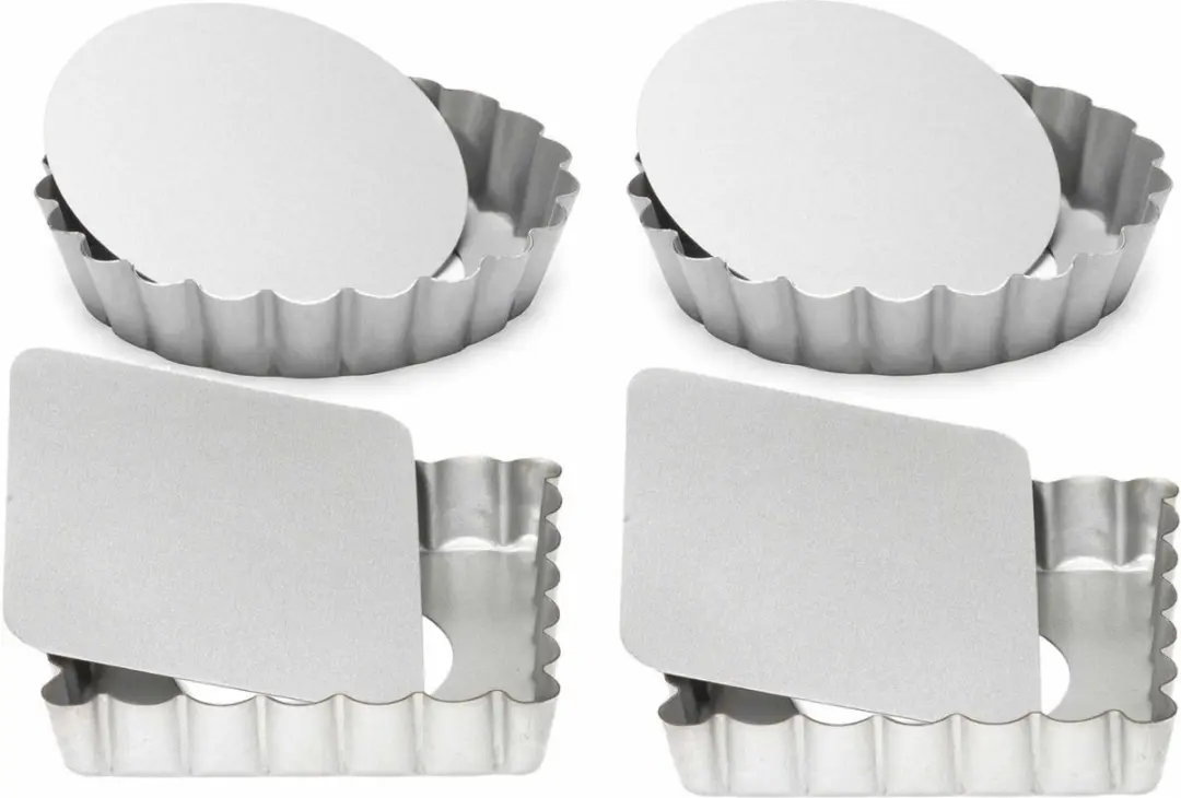 Set van 4x mini taart/quiche bakvormen vierkant en rond zilver 10 cm