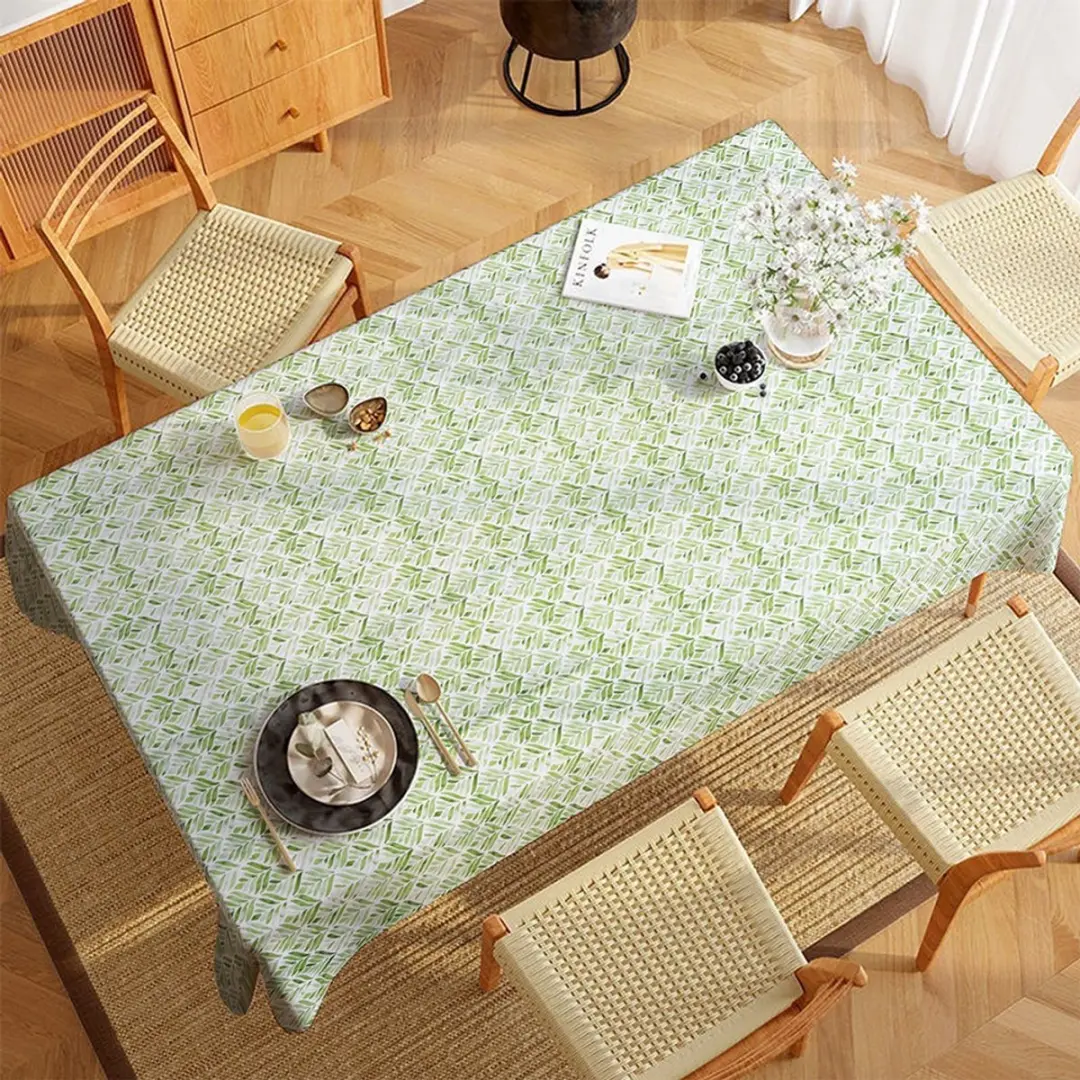 Excellent Houseware Tafellaken Waterdicht 180x130cm - Bladerenpatroon Wit/Groen