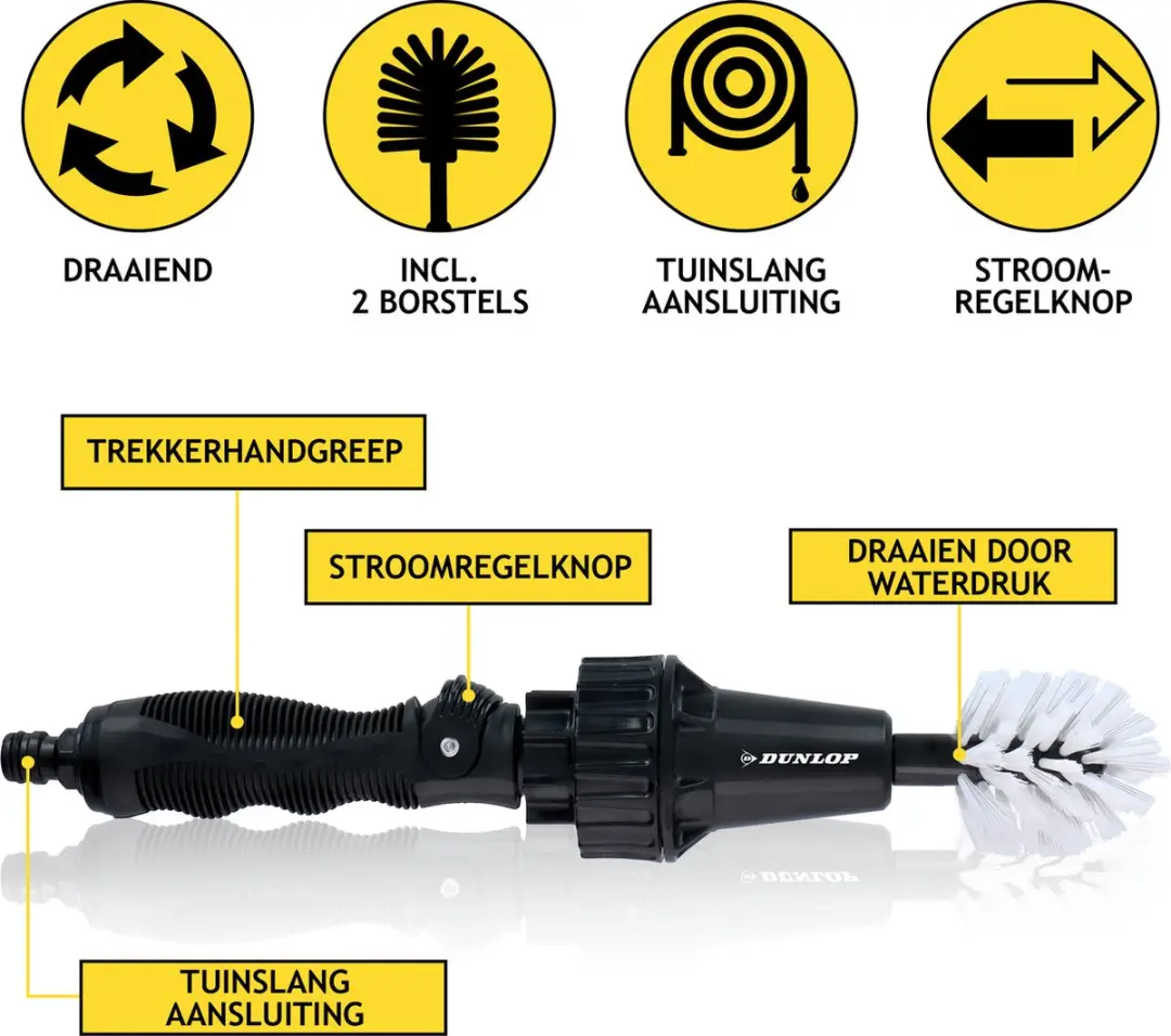Dunlop Velgenborstel met Slangaansluiting 3/4" - 2 Borstels - Zwart/Wit
