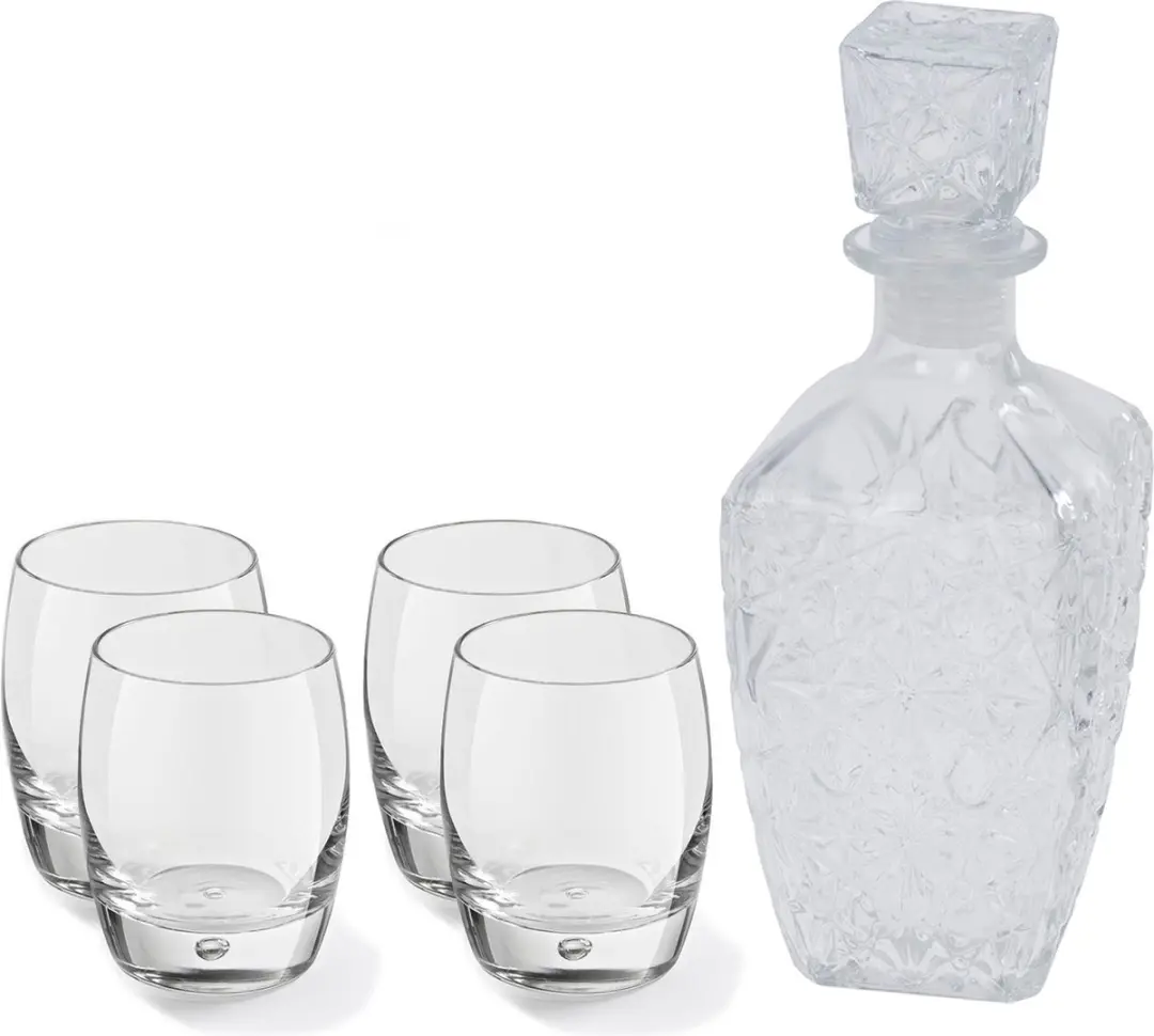 Excellent Houseware Artisan Whisky Karaf 900ml - 5 Stuks (1x Karaf + 4x Glazen) - Transparant