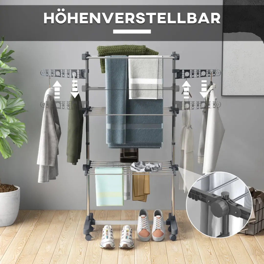 Homcom Wäscheständer Edelstahl - 142L x 55B x 152H cm - Grijs