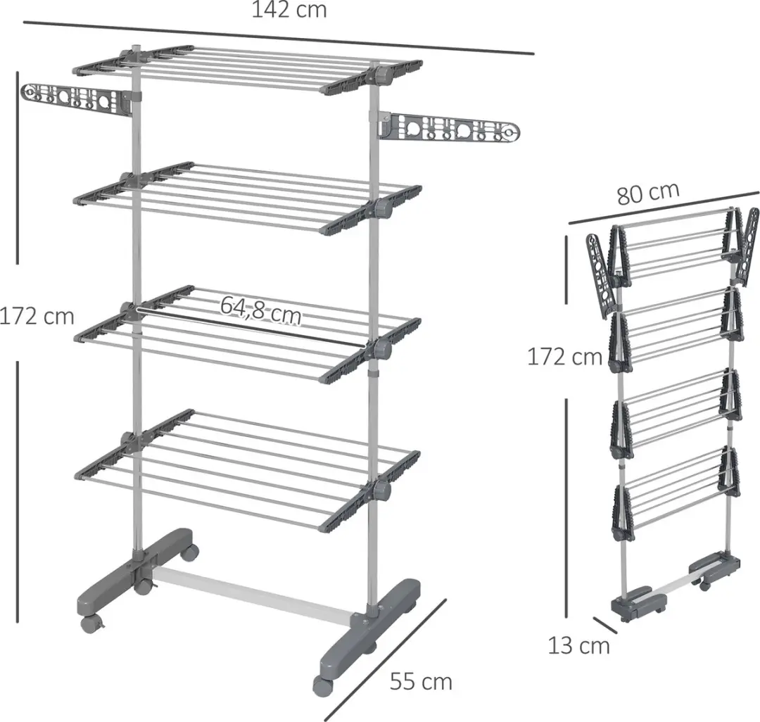 Homcom Wäscheständer Edelstahl 142x55x172cm - Grijs
