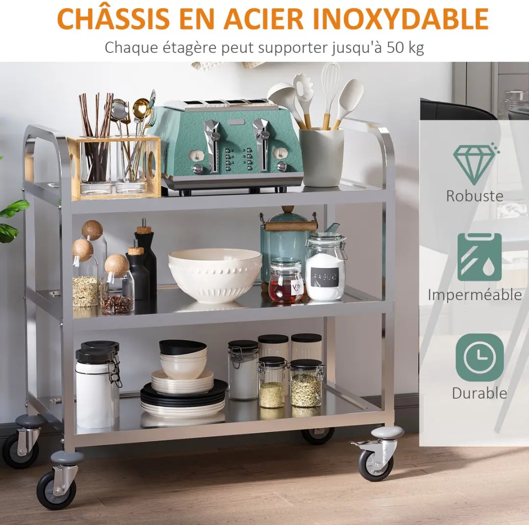Homcom Keukenwagen 801-074 - Staal - 90,5x50,5x88,2cm - Grijs