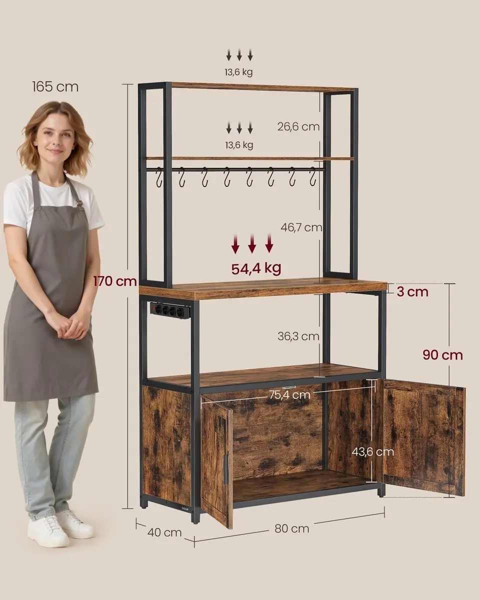 Songmics Keukenplank met Stopcontact & Haken Vintage Bruin-Zwart