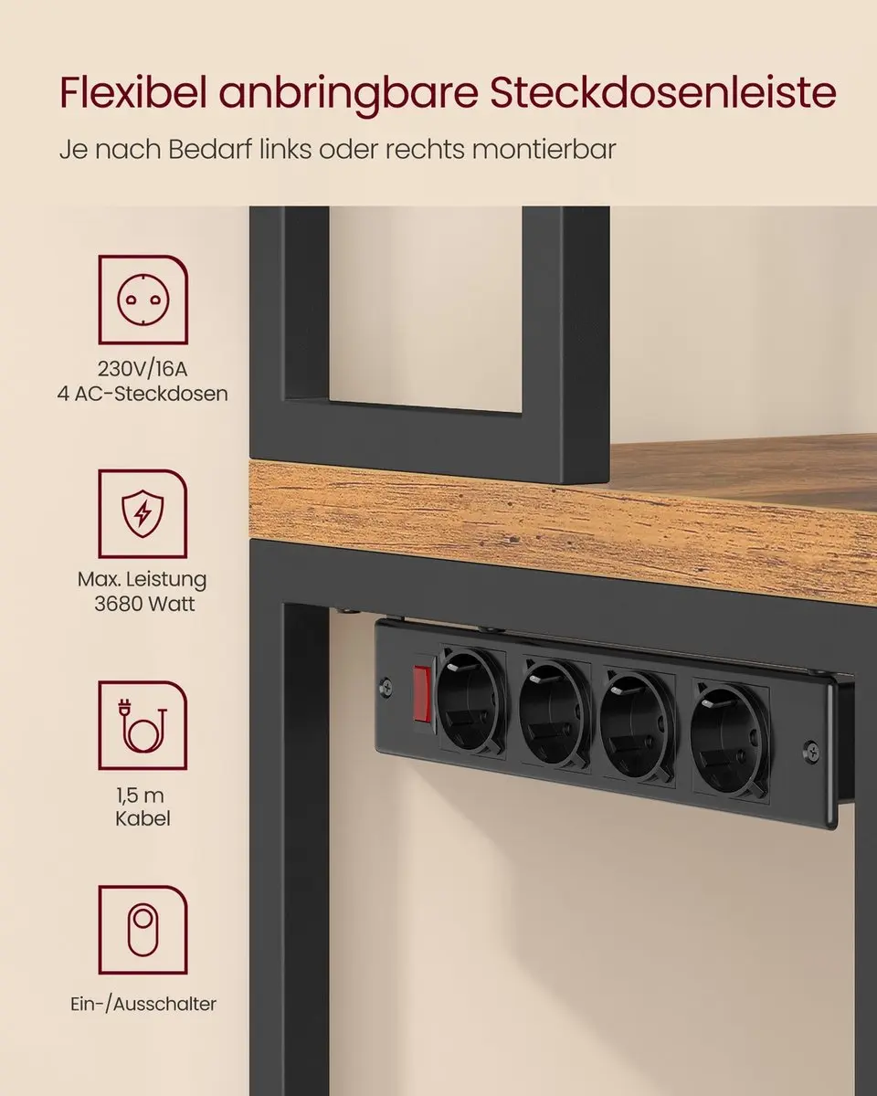 Songmics Keukenplank met Stopcontact & Haken Vintage Bruin-Zwart