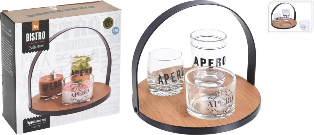Excellent Houseware Serveerplank Bamboe 18cm - 3x Glas Schaaltjes