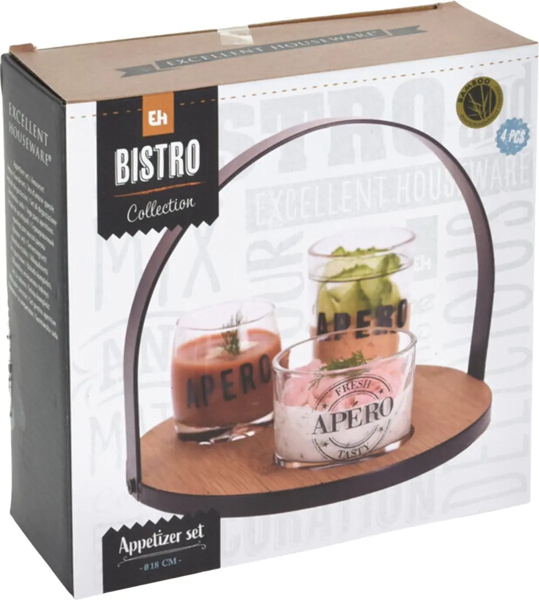 Excellent Houseware Serveerplank Bamboe 18cm - 3x Glas Schaaltjes