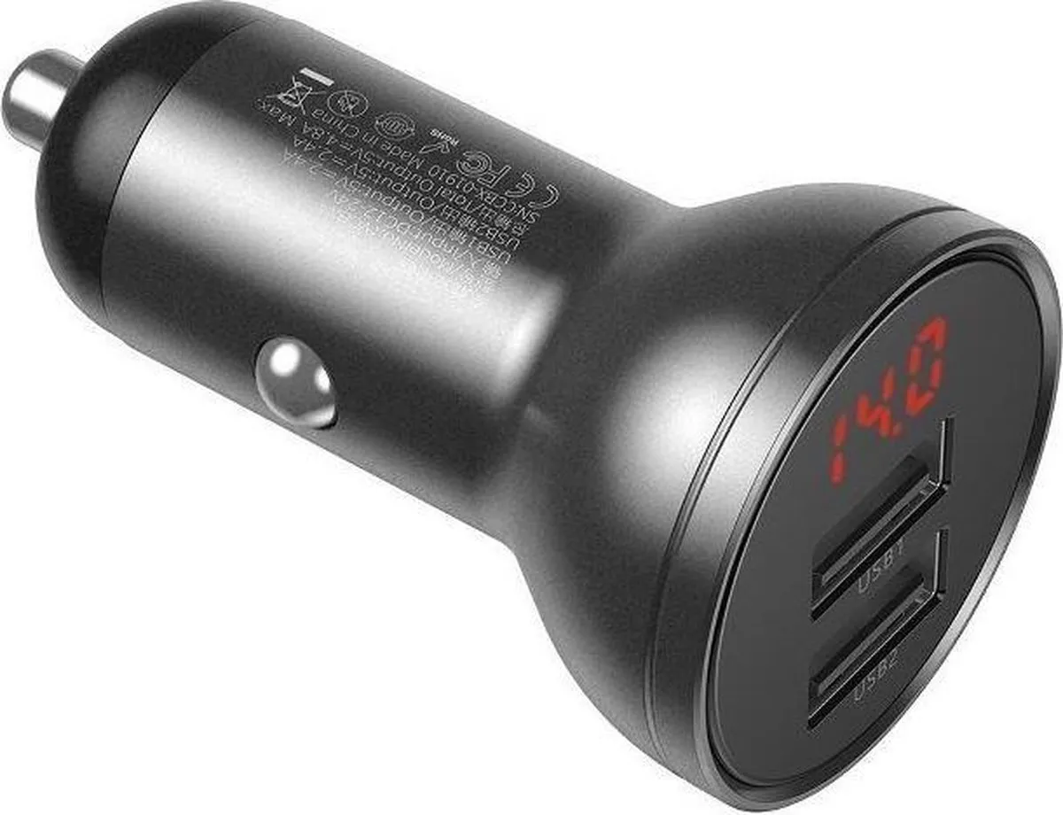 Baseus 7339 Digital Display Autolader - 24W - 2x USB - 1.2m Kabel - Zwart